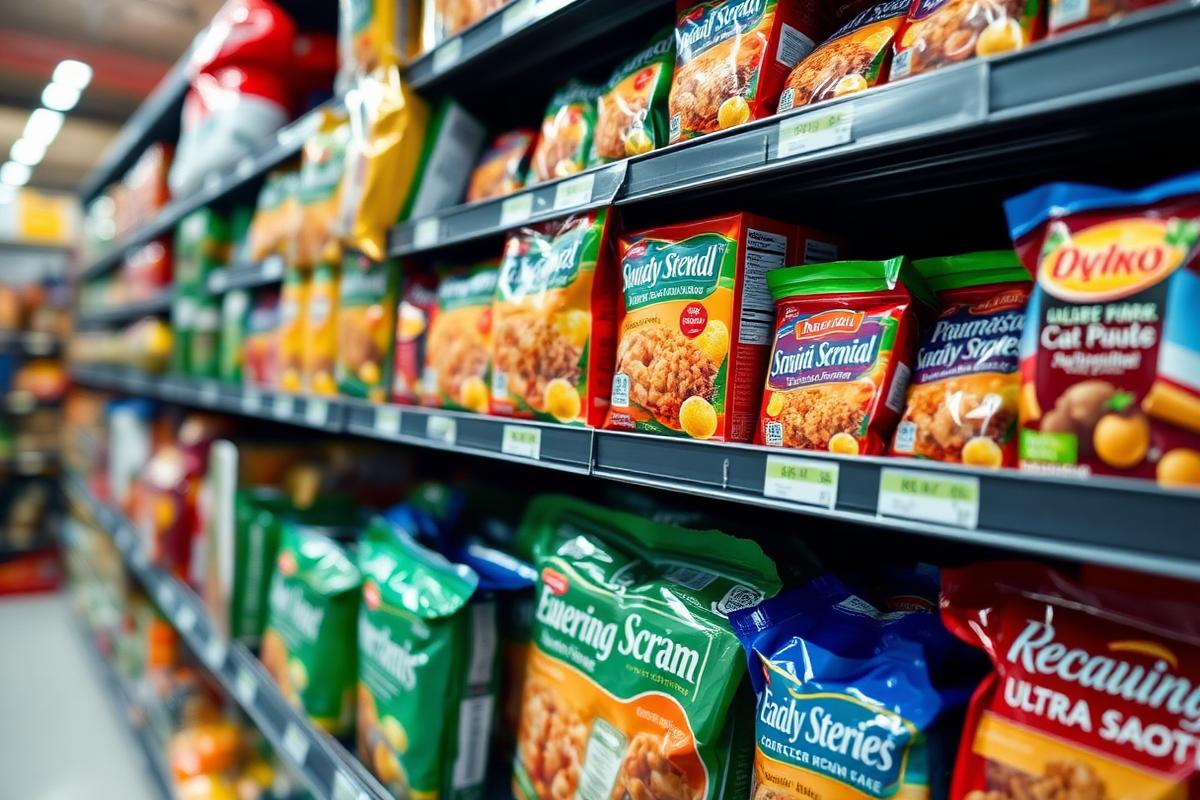 Colorful ultra-processed packaged foods on a grocery shelf