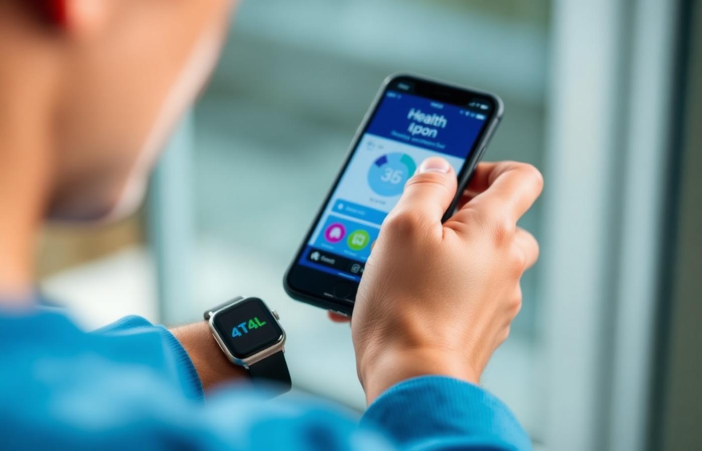 Person using a health app on a smartphone with a smartwatch on wrist